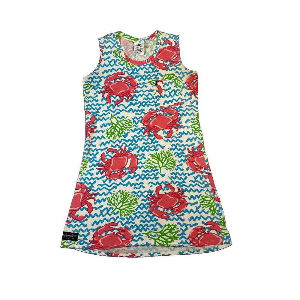 Simply Southern Crab Wave Print Shift Tank Dress Pink Blue Cotton XS S Pocket